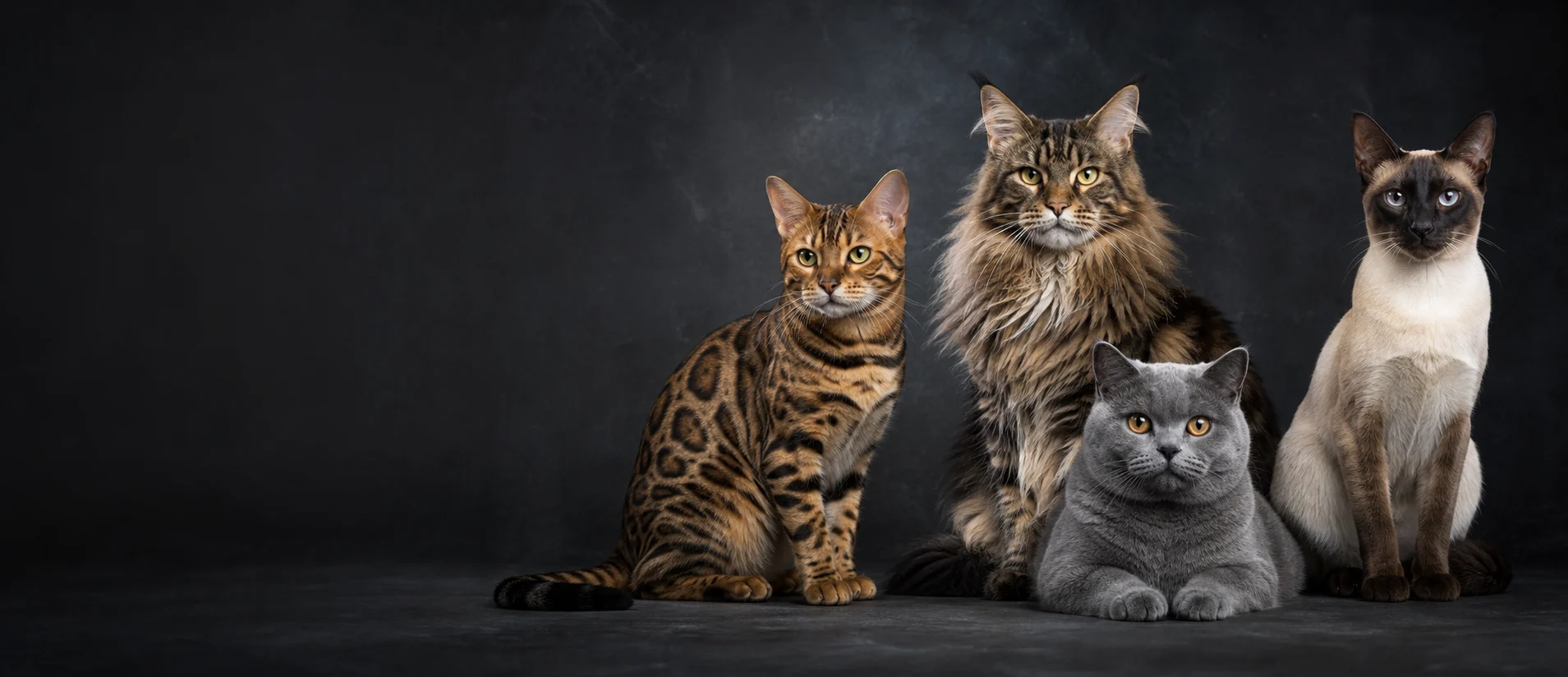 Bengaal, Maine Coon, Britse Korthaar en Siamees